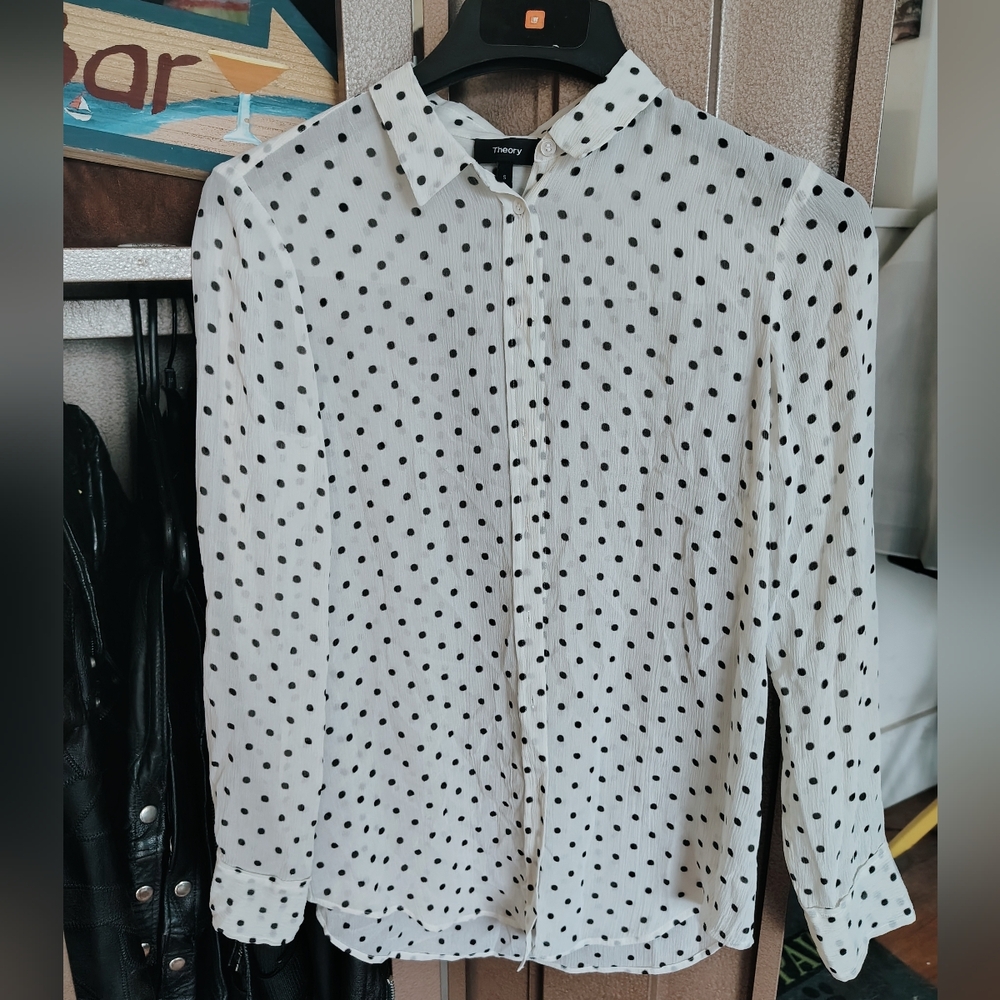 Theory White Button-Down Shirt with Black Polka Dots